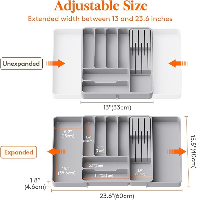 Lifewit Silverware Organizer for Kitchen Drawers, Expandable Utensil Tray with Removable Knife Block, Adjustable Cutlery and Flatware Holder, Plastic Spoon Forks Holder Storage Divider, Large, Gray