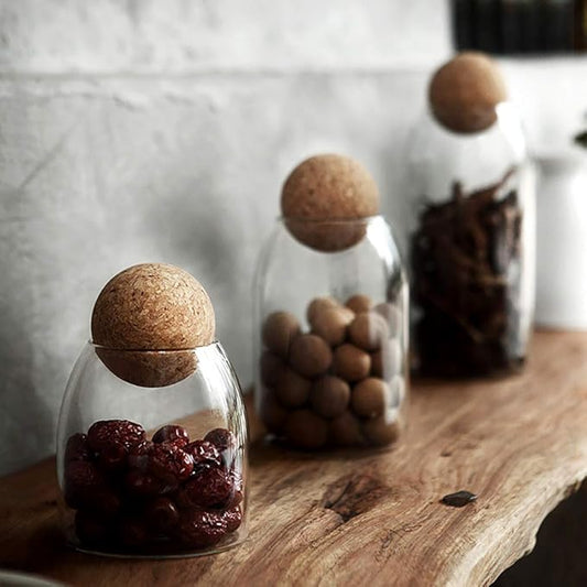 1200ML/40Oz Clear Glass Storage Cute Canister Holder Ball Wood Cork Top, Modern Decorative Cylinder Container Jar with Round Lid for Coffee, Spice, Candy, Salt, Cookie Cool Terrarium Bottle