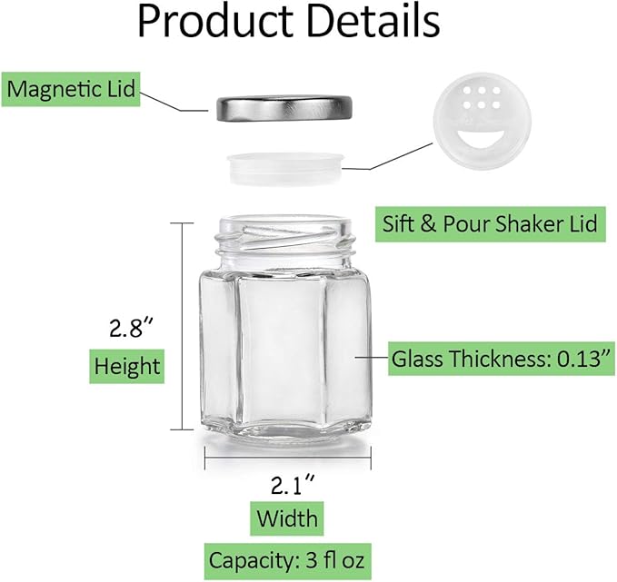 Art Secret 16-Pack Magnetic Hexagon Glass Spice Jars with 394pcs Labels, Shaker Lids and Stainless Wall-Plate (3 oz)