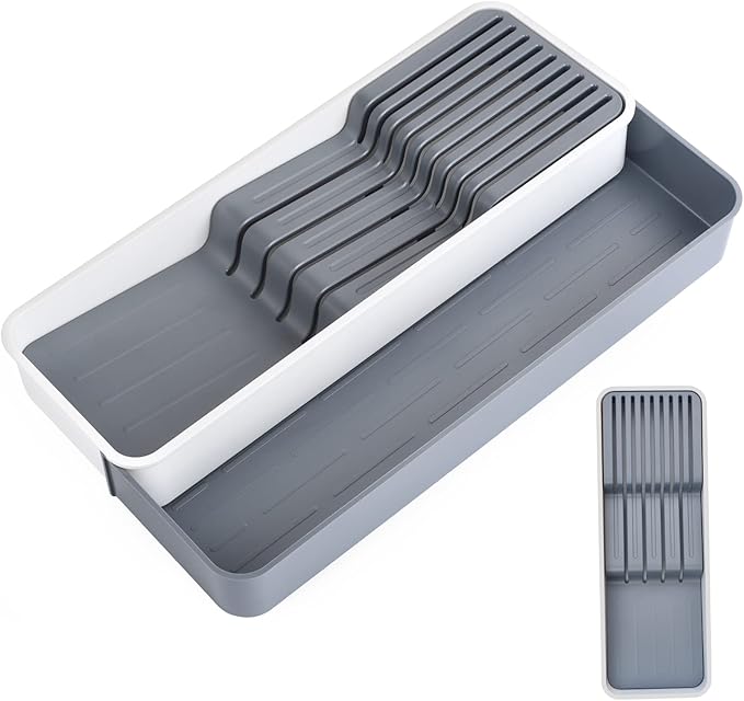 Expandable Drawer Organizers with Knife Block Knife Drawer Organizer stackable Cutlery Tray Knife Holder adjustable tray with Knife Block 9 Knives slot DIY drawer organizer(1 pack)