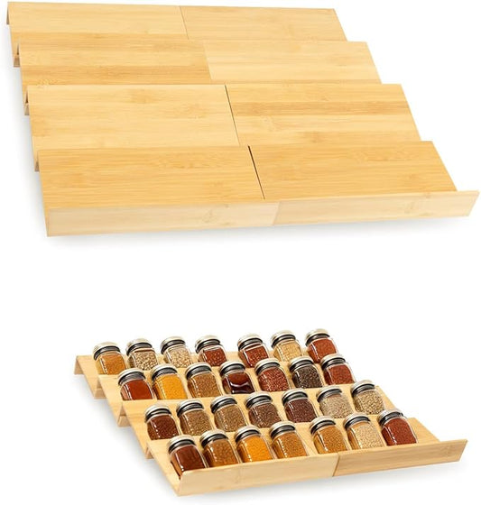Bamboo Spice Rack For Drawer, 8Pcs Tier Stackable Seasoning Storage Organizer Insert,for kitchen condiments storage insert(Jars Not Included,18.9" Wide×18.9" Deep×1.8" High