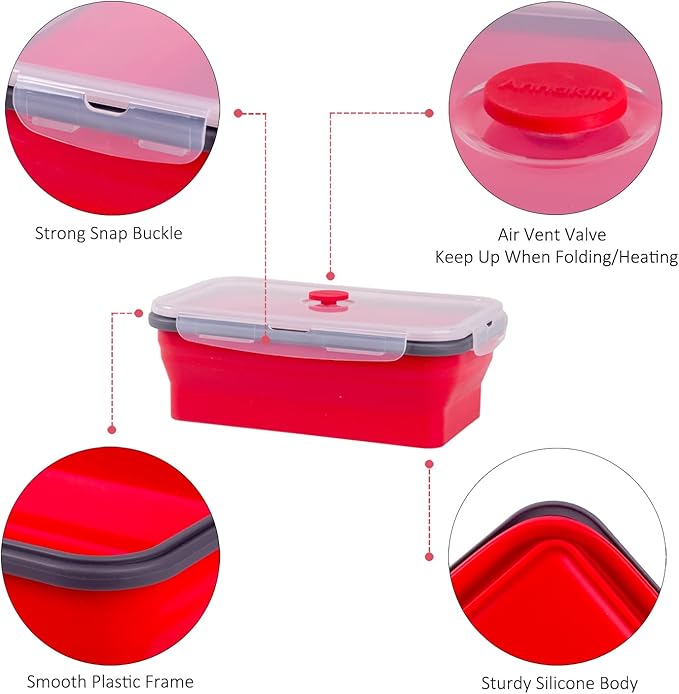 Collapsible Food Storage Containers with Airtight Lid & Air Vent, 40.5 oz, Kitchen Stacking Silicone Collapsible Meal Prep Container Set for Leftover, Microwave Freezer Dishwasher Safe, Red, Set of 4