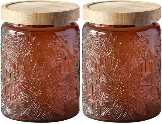 Vintage Glass Jar with Lid,Cookie Candy Jar Coffee Canister Food Storage Containers Storage Jar Set for Kitchen Office (Brown garden - acacia)