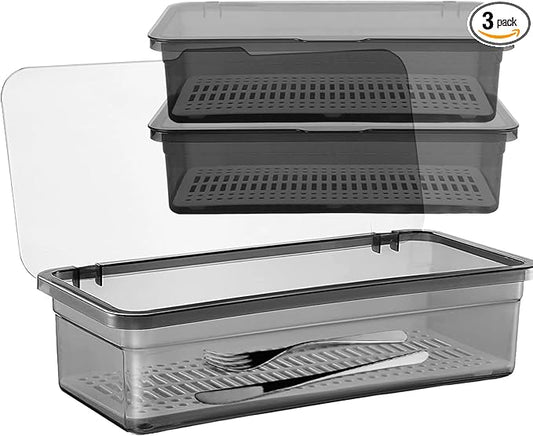 SUNSHNO 3PCS Flatware Tray with Lid and Drainer, Tableware Utensil and Cutlery Drawer Organizer with Lid Covered Silverware Tray to Keeps Your Cutlery Organized and Protected