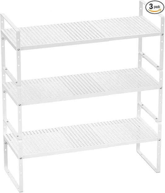 Cabinet Shelf Organizer Expandable Spice Rack Stackable Countertop Organizer for Cabinet Pantry Counter Under Sink Shelves Storage Shelf Rack for Kitchen Home Office,White,3 Packs