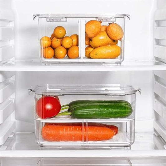 SANNO Vegetable Fruit Storage Containers, Food Storage Containers Fridge Produce Save, Stackable Refrigerator Organizer Keeper Drawers Bins Baskets with Lids and Removable Drain Tray