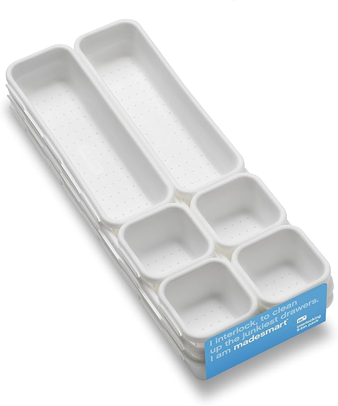 Madesmart 9-Piece Interlocking Bin Pack for Drawer Organization, Plastic Interlocking Junk Drawer Organizer Tray, White