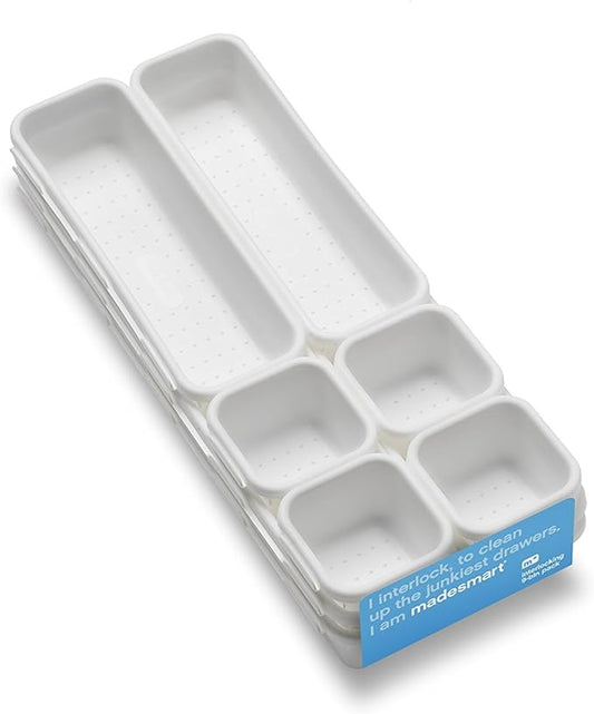 Madesmart 9-Piece Interlocking Bin Pack for Drawer Organization, Plastic Interlocking Junk Drawer Organizer Tray, White