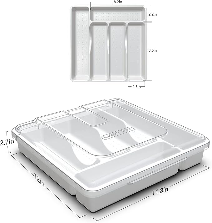 Silverware Organizer with Cover, Portable Cutlery Holder Flatware Tray with Lid Plastic Silverware Storage Box Airtight Black Cutlery Tray with Lid (White)