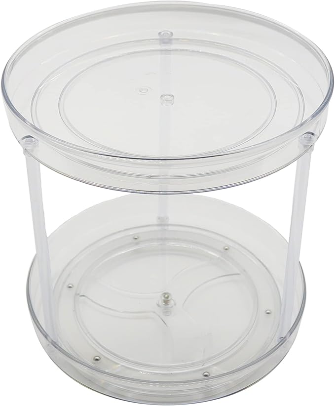 2 Tier Lazy Susan Organizer, Raised Edge Swivel Organizer for Spices, Condiments, Round Clear Turntable Organizer for Cabinets, Countertops, Bathroom, Refrigerator, Dining Room Organizer,9.5 Inches