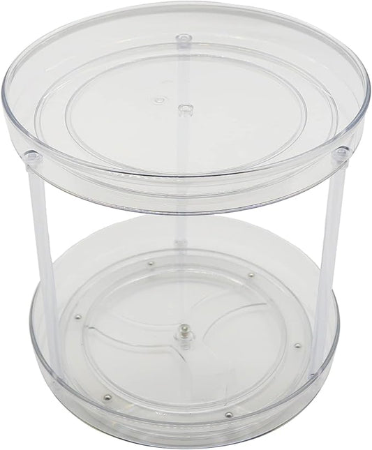 2 Tier Lazy Susan Organizer, Raised Edge Swivel Organizer for Spices, Condiments, Round Clear Turntable Organizer for Cabinets, Countertops, Bathroom, Refrigerator, Dining Room Organizer,9.5 Inches