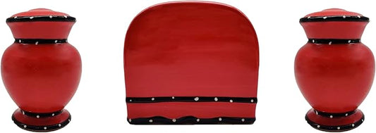 Tuscany Hand Painted Red Ruffle Salt and Pepper, Napkin Holder Set, 85228
