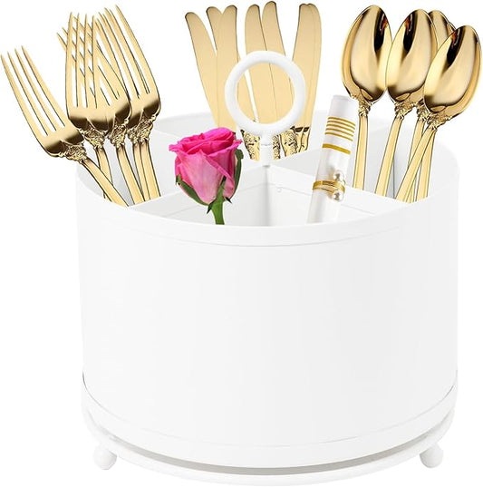 360°Rotating Silverware Caddy,4 Compartment Silverware Holder Countertop ,Outdoor Silverware Organizer for Picnic Camping Party Metal Utensil Flatware holder with Handle -White