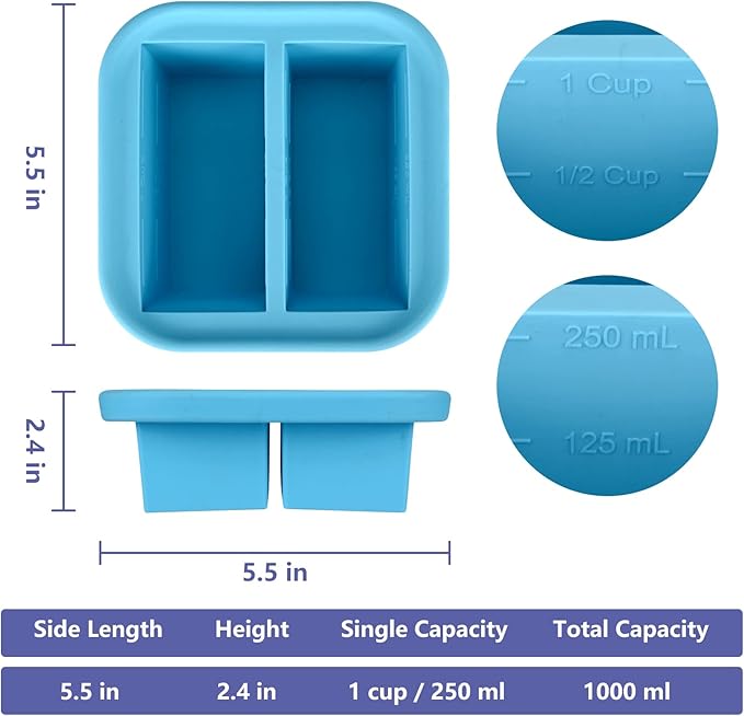 1-Cup Silicone Freezer Tray with Lid 2 pack Soup freezer molds Food Freezing Container Make 4 Perfect Soups, Broths, Stews, Sauces, Curries