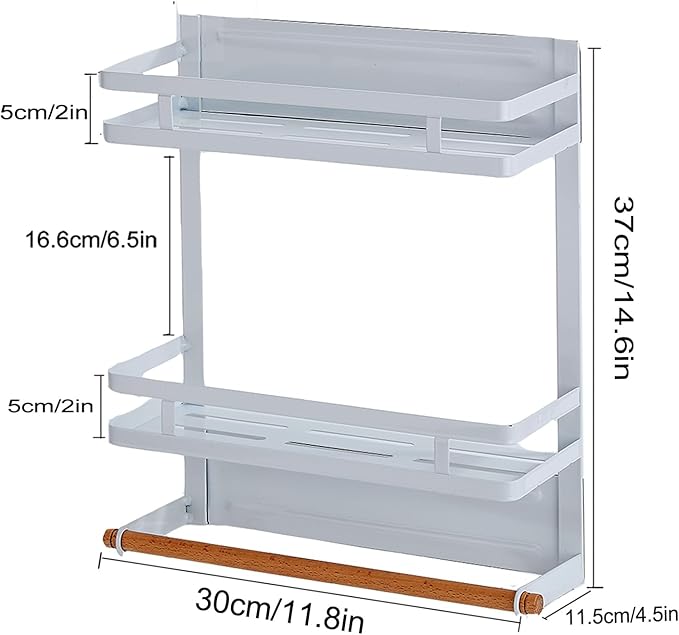 Magnetic Spice Rack for Refrigerator, Moveable Magnetic Paper Towel Holder Metal Fridge Organizer 8 Hooks for Kitchen Space Saving (White)