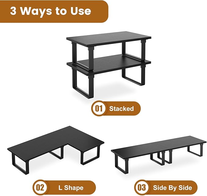 Cabinet Shelf Organizers, Set of 4 Stable Kitchen Counter Shelves, Stackable Expandable Spice Racks, Wood Anti-Slip Kitchen Organizers and Storage, Easy to Assemble, Black