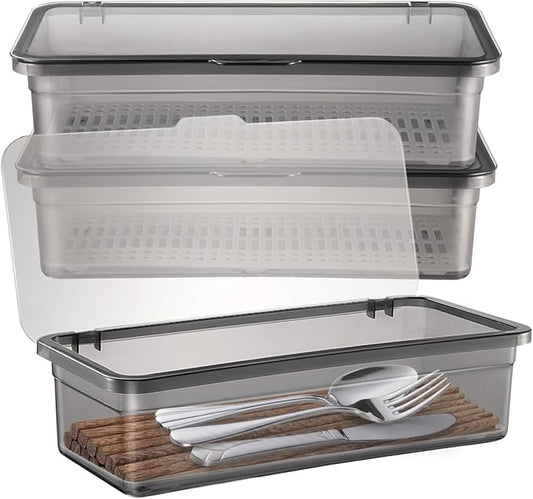DOITOOL 3PCS Flatware Tray with Lid and Drainer, Tableware Utensil and Cutlery Drawer Organizer with Lid Covered Silverware Tray to Keeps Your Cutlery Organized and Protected