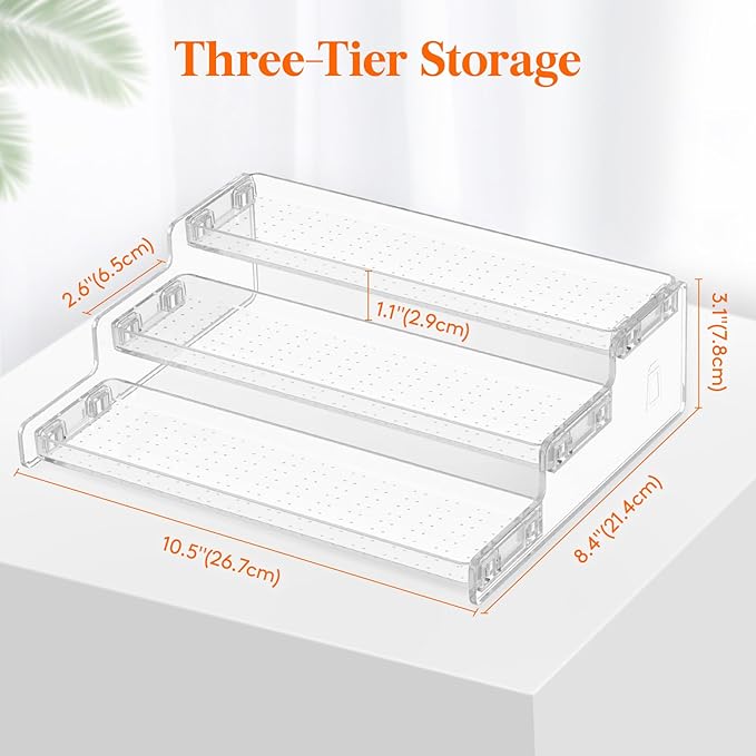 Lifewit Plastic 1 Pack 3-Tier Spice Rack, Clear Spice Organization for Cabinet, Counter, Organizer Shelf for Condiment, Seasoning, Syrup, Liquor, Medicine and Perfume for Kitchen, Pantry, Bar, Bath