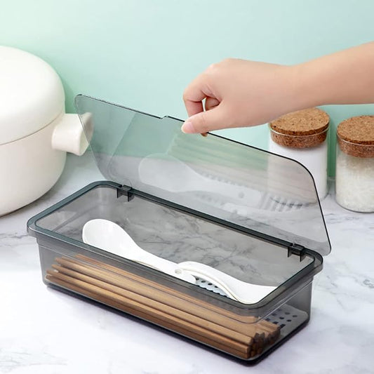 Flatware Tray Kitchen Drawer Organizer With Lid And Drainer - Plastic Kitchen Cutlery Tray and Utensil Storage Container with Cover 10.0 Inch - Dinnerware Holder for Spoons Forks Knives Coffee