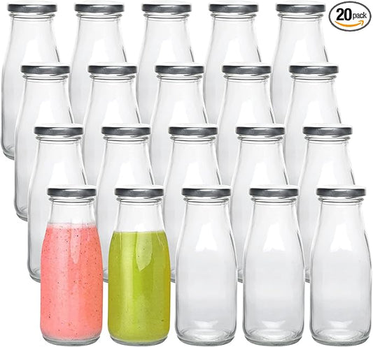 QAPPDA 12 oz Glass Bottles, Clear Glass Milk Bottles with Silver Metal Lids, Vintage Breakfast Shake Clear Container, Vintage Drinking Bottle with Whiteboard Labels and Pen for Party,Kids,Set of 20