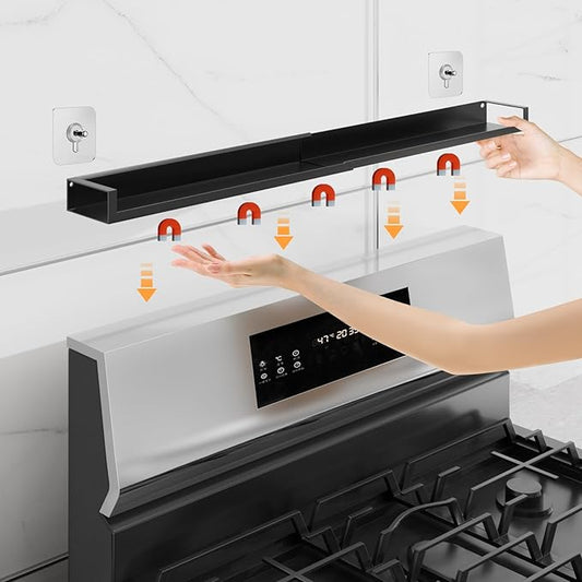 Magnetic Shelf for Stove Top, Adjustable 15"-30" Stove Top Shelf Kitchen Magnetic Spice Rack Organizer Storage Metallic Black