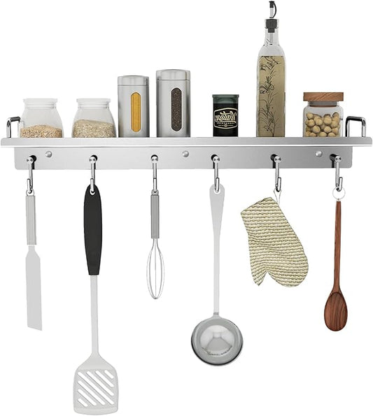 Kitchen Utensil Rack, 19.7 inch Spice Rack with 6 Hooks Wall Mount, Over the Stove Shelf, Stainless Steel, Hanging Storage Wall Shelf for Spatula Spoon, Seasoning Jar Organizer