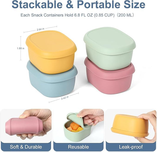 4 pcs 6.76 oz Silicone Snack Containers for Kids Small Food Containers with Lids, Fruit Containers for Lunch, Stackable Lunch Containers for Kids, Daycare, School and Travel