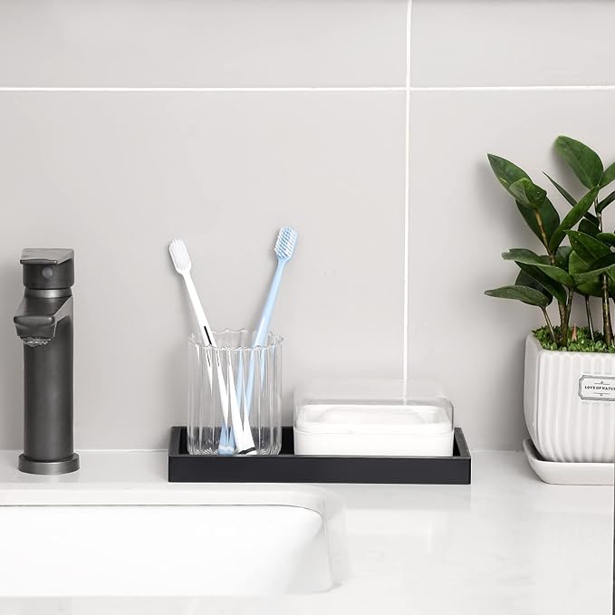Bathroom Trays for Counter, Slicone Vanity Trays for Bathroom, Rectangle Sponge Holder for Kitchen Sink - Black