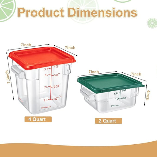 Barydat 4 Pcs Food Storage Container with Lids 2Qt and 4Qt Square Commercial Containers with Scales and Handles Polycarbonate Clear Food Storage for Kitchen Proof Dough Marinating Meat(Red Green)