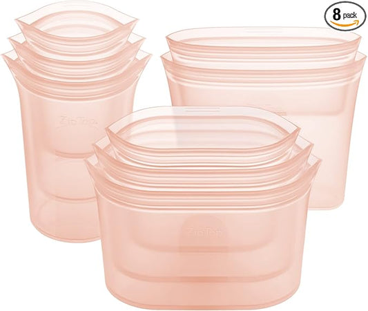 Zip Top Reusable Food Storage Bags | Full Set of 8 [Peach] | Silicone Meal Prep Container | Microwave, Dishwasher and Freezer Safe | Made in the USA