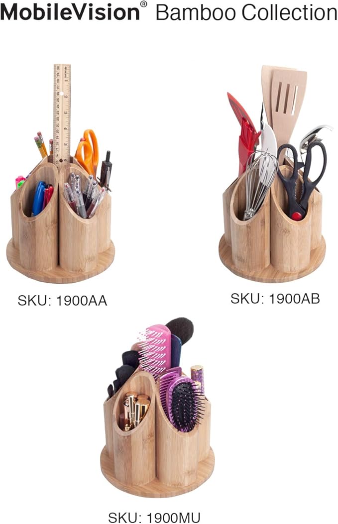 MobileVision Bamboo Circular Rotating Utensil Holder & Kitchen Organizer, 5 Sections, Store Forks, Spoons, Knives, Serving Utensils, and Other Cooking Tools