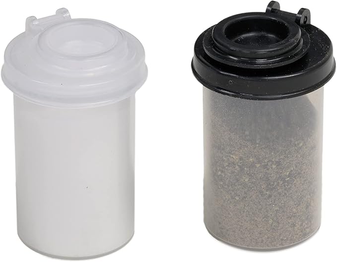 BRAZZA Salt and Pepper Shakers Moisture Proof Set, Perfect to go Camping Picnic Outdoors Kitchen Lunch Boxes Travel Spice Set Clear with Black Lids Plastic Airtight Jar Dispenser 5 small