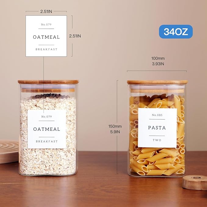 6 Pack Square Glass Kitchen Storage Jars with Airtight Bamboo Lids and 132 Pantry Labels - 35oz Glass Canisters With Wood Lids - Glass Food Storage Containers for Coffee, Cookie, Tea, Spice