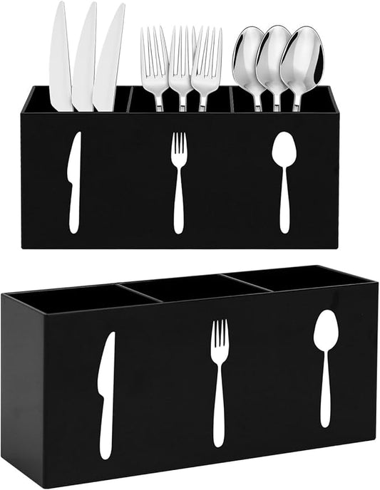 Plastic Utensil Holder, Knife Fork and Spoon Holder Silverware Caddy, Acrylic Kitchen Cutlery Storage Box, Flatware Organizer for Countertop, Indoor Outdoor Party Tableware Holder (Black)