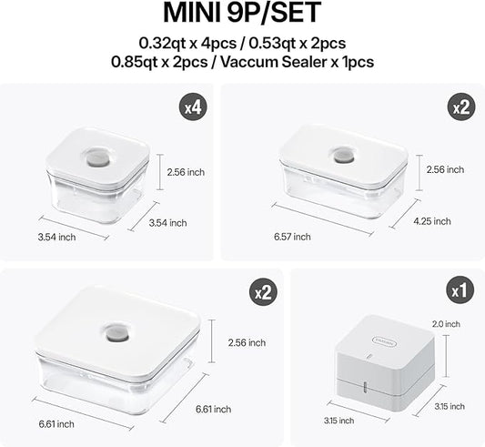 Premium Airtight Food Storage Containers, Mini 9P/SET include Vacuum Sealer, Smart One-Click Seal Lid, No Hinges, 100% Leak Proof, BPA-FREE, Dishwasher, Freezer & Microwave Safe