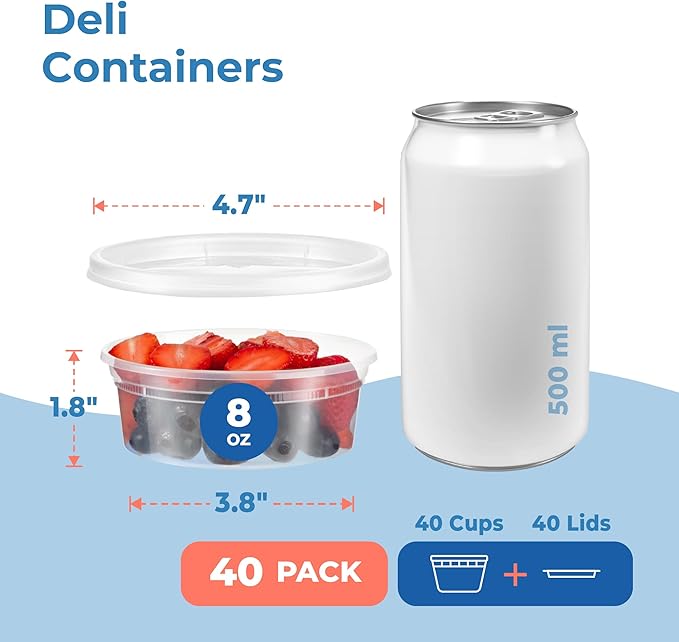 Fit Meal Prep 40 Pack 8 oz Deli Containers with Lids, US Made Airtight Leakproof Plastic Soup Container, Round Clear Small Food Storage Containers for Takeout Restaurant, Microwave Freezer Safe