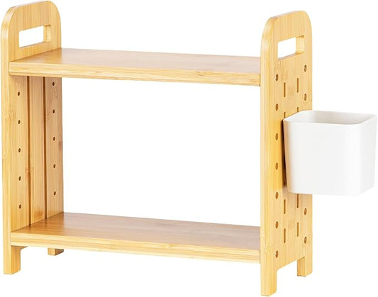 Spice Rack with Pegboard & Accessories for Kitchen Counter, Desk Organizer for Corner, Plants Rack 2-Tier, Kitchen Counter Shelf with Plastic Storage Box, Bamboo
