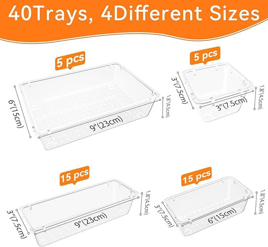 WOWBOX 40 PCS Clear Plastic Drawer Organizer Set, 4 Sizes Desk Drawer Organization and Storage Containers for Makeup, Cosmetics, Jewelry and Gadgets in Kitchen, Bathroom, Bedroom, Office, Clear