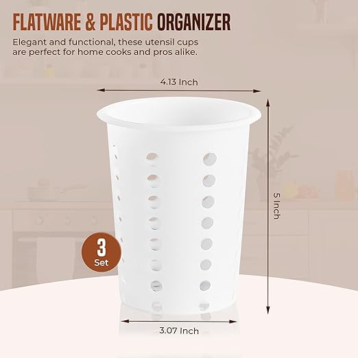 OCS Parts Perforated Utensil Drying Cups | White | Set of 3 | Plastic Flatware Holder Cylinders for Kitchen Counter Organization