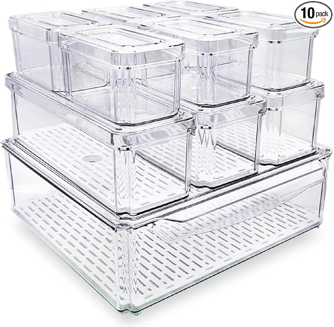 10-Pack Clear Fridge Organizer Bins with Lids & Drainage Holes, Stackable Container Set, BPA-Free Plastic Refrigerator Storage Containers for Food, Fruits, Vegetables, Meats (Multi-Purpose Storage)