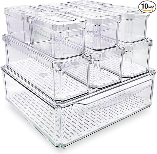 10-Pack Clear Fridge Organizer Bins with Lids & Drainage Holes, Stackable Container Set, BPA-Free Plastic Refrigerator Storage Containers for Food, Fruits, Vegetables, Meats (Multi-Purpose Storage)