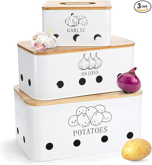 3 Pack Potato Onion Garlic Storage Set, Iron Vegetable Storage Bins with Holes Bamboo Lids, Stackable Kitchen Organization Container Storage Tin for Countertop Pantry