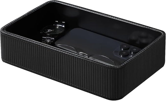 PU Leather Valet Tray Organizer, Small Nightstand Organizer Bedside Desktop Storage for Womens and Men, Perfume Trinket Catchall Vanity Tray for Key Watch Wallet (Black, Rectangular)