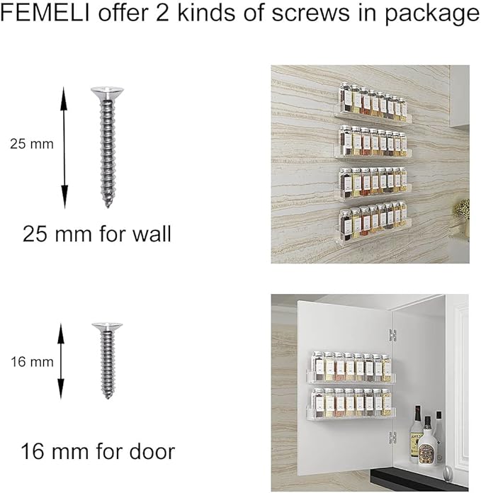 FEMELI Acrylic Wall Mount Spice Rack - 15 Inch, 4 Pack Hanging Spice Rack Shelf for Cabinets, Cupboard or Pantry Door, Kitchen Organizer