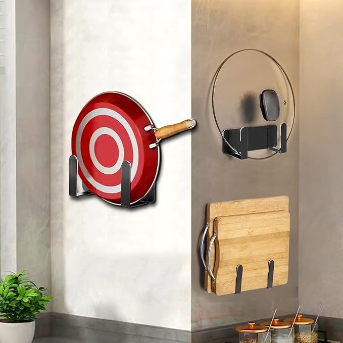 Pot Lid Rack, Wall Mounted 304 Stainless Steel Pan Lid Organizer Holder, Self Adhesive, Kitchen Cooking Utensil Tool (Black, Set of 2)