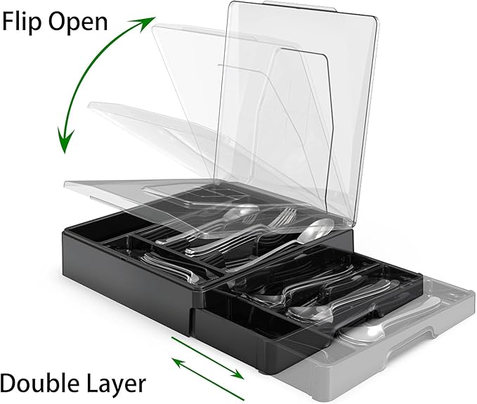 Double Layer Silverware Tray with Lid, Utensil Holder for Countertop Flatware Organizer for Kitchen Drawers with 2 Tier Cutlery Tray and 9 Compartments Silverware Storage Bin (Black)