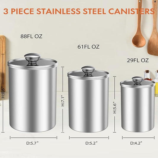 ENLOY Canister Sets for Kitchen Counter, 3 Piece Stainless Steel Food Storage Container with Clear Glass Lids for Coffee, Tea Organizers, Sugar Canister, Flour Canister Set of 3, 88/61/29 oz