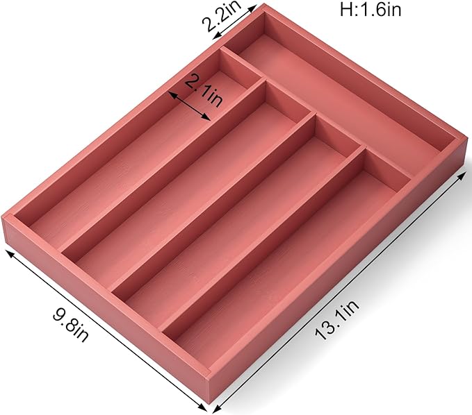 Silverware Organizer Bamboo Kitchen Drawer Organizer with 5 Slots Flatware Organizer Tray for Kitchen, Flatware, Utensils（Orange）