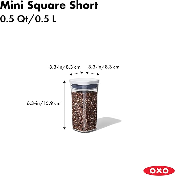 OXO Good Grips POP Container - Airtight Food Storage - Mini Square Short 0.5 Qt Ideal for 1 lb of baking soda or 14 oz of grains