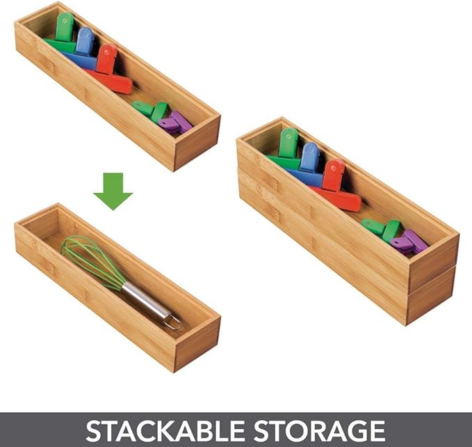 mDesign Slim Wooden Bamboo Drawer Organizer - 12" Long Stackable Storage Box Tray for Kitchen Drawers/Cabinet - Utensil, Silverware, Spatula, Flatware Holder - Echo Collection, 2 Pack, Natural Wood